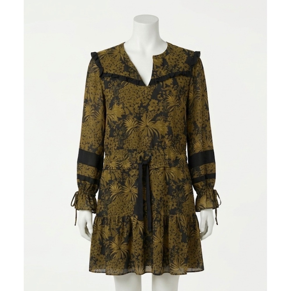 Scotch & Soda Maison Scotch Olive Green Floral Ruffle Mini Dress Size M Long Slv